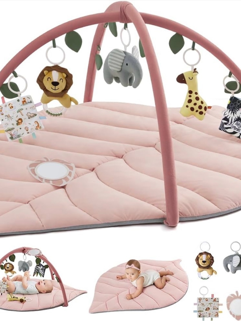 Pink Baby Play Gym Mat with Hanging Safari Toys